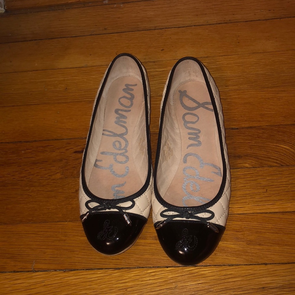 Sam Edelman Black and Cream Quilted Cap-Toe Ballet Flats